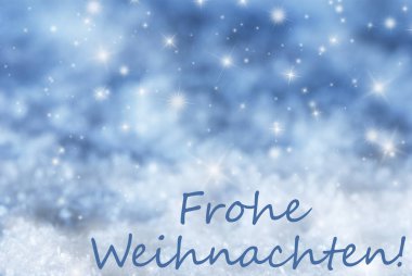 Mavi parlak arka plan, kar, Frohe Weihnachten mutlu Noeller anlamına gelir.