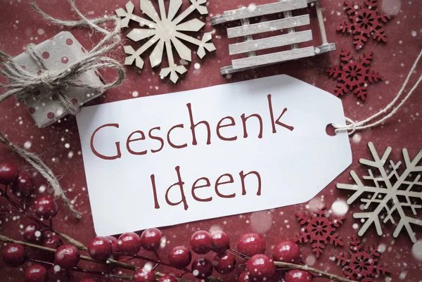 Décoration de Noël nostalgique, Étiquette avec Geschenk Ideen Signifie idées cadeaux — Photo