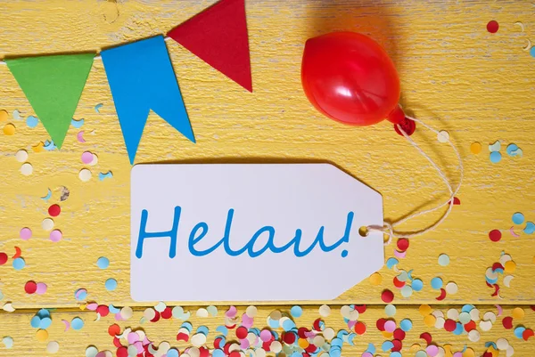 Strany Label, konfety, balónek, Helau znamená šťastný karneval — Stock fotografie