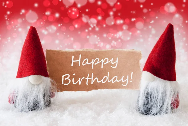 Rode Christmassy kabouters met kaart, tekst Happy Birthday — Stockfoto