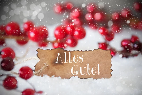 Spalony etykiety, śnieg, płatki śniegu, Alles Gute oznacza najlepsze życzenia — Zdjęcie stockowe