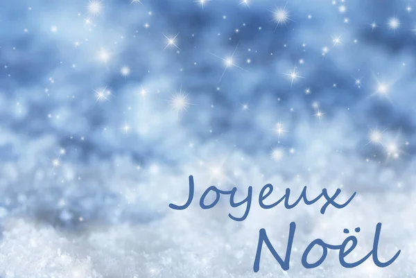 Blå gnistrande bakgrund, snö, Joyeux Noel betyder god jul — Stockfoto