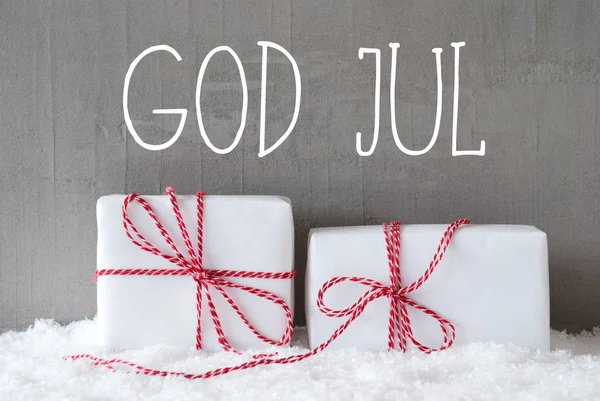 Two Gifts With Snow, God Jul Means Merry Christmas — Stock Photo, Image