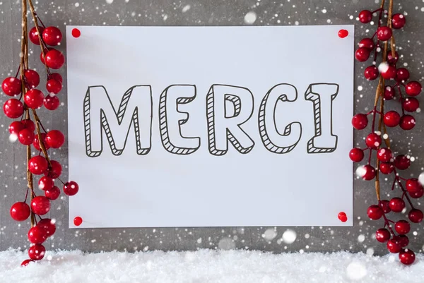 Etiqueta, Copos de nieve, Decoración de Navidad, Merci significa Gracias —  Fotos de Stock