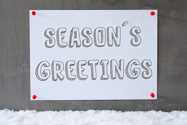 Label On Cement Wall, Snow, Text Seasons Greetings — Stock Photo, Image