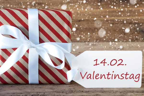 Present With Snowflakes, Text Valentinstag Means Valentines Day — Stock Photo, Image