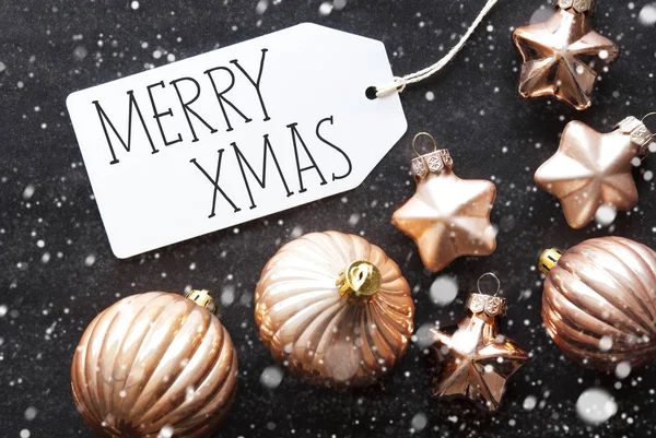 Bolas de Natal de Bronze, Flocos de neve, Texto Feliz Natal — Fotografia de Stock