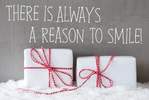 Two Gifts With Snow, Quote Always Reason To Smile — Stock Photo, Image