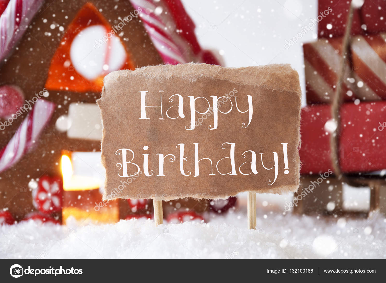 Gingerbread House With Sled Snowflakes Text Happy Birthday