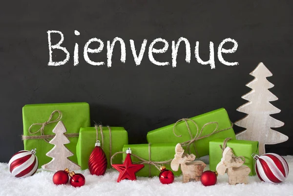 Jul dekoration, Cement, snö, Bienvenue betyder Välkommen — Stockfoto