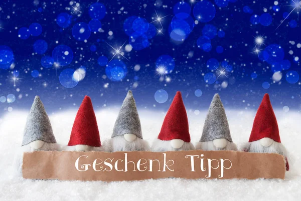 Gnomes, fond bleu, Bokeh, étoiles, Geschenk Tipp Signifie un conseil cadeau — Photo