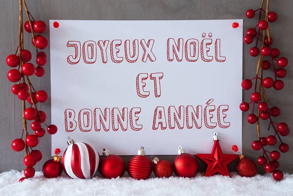 Label, Snow, vánoční koule, Bonne Annee znamená nový rok — Stock fotografie