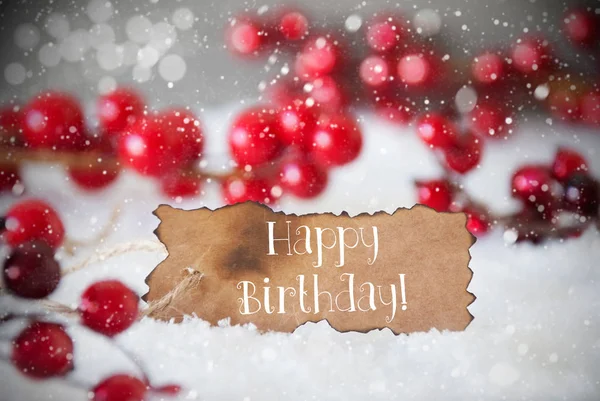 Brända etikett, snö, snöflingor, texten Happy Birthday — Stockfoto