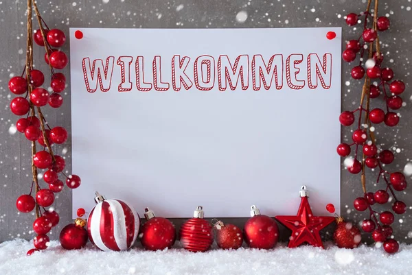 Etikett, snöflingor, julgranskulor, Willkommen betyder Välkommen — Stockfoto