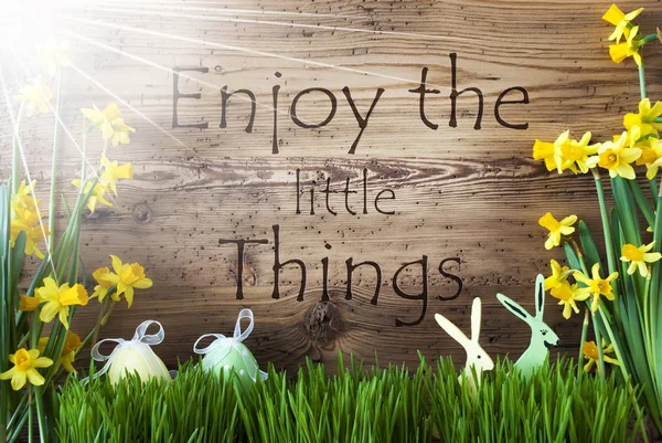 Napos húsvéti dekoráció, Gras, idézet, élvezze a kis dolgok — Stock Fotó