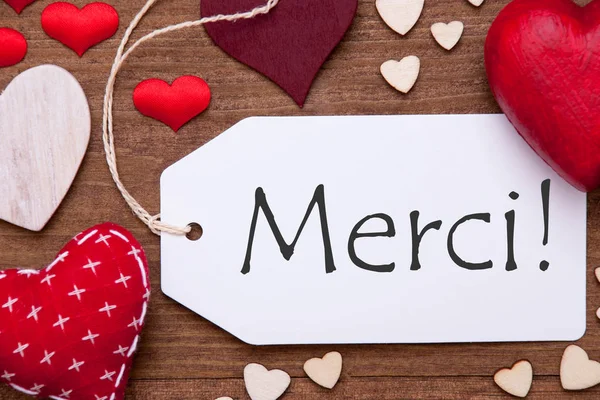 Label, Red Hearts, Flat Lay, Merci Means Thank You — Stock Photo, Image