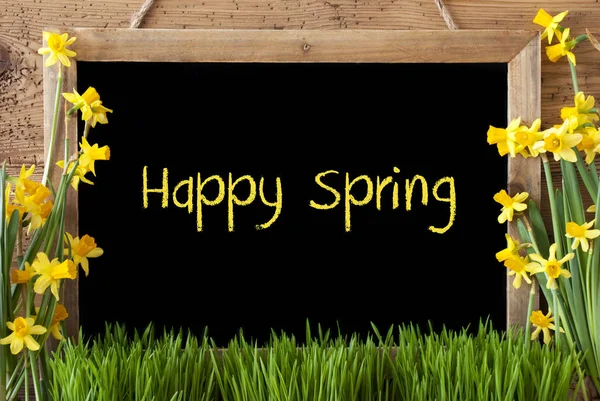 花水仙、 黑板、 文本快乐的春天 — 图库照片