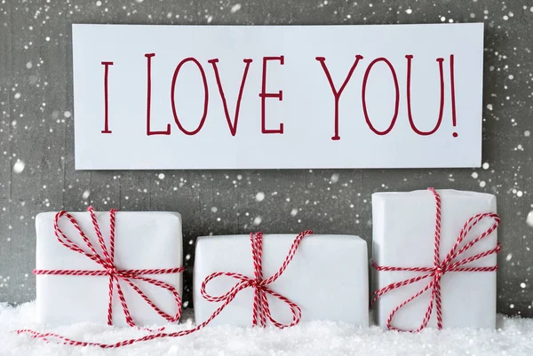 White Gift With Snowflakes, Text I Love You — Stock Photo, Image