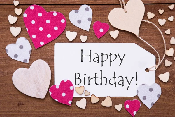 Label, Pink Hearts, Text Happy Birthday — Stock Photo, Image