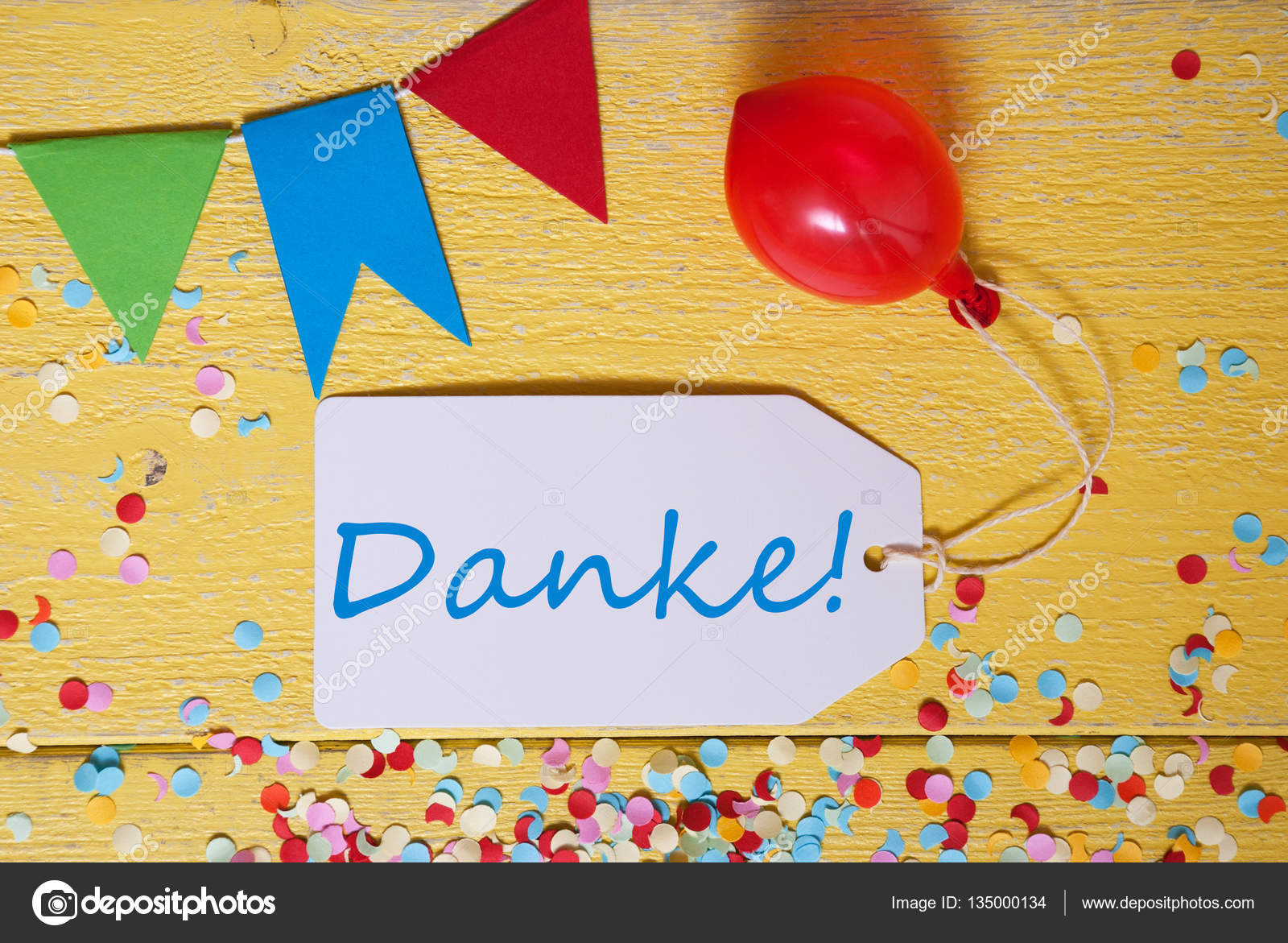 Party Label, Confetti, Balloon, Danke Means Thank You Stock Photo by