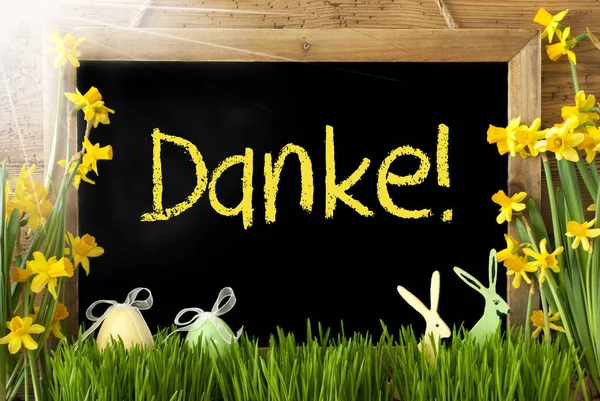 Sunny Narcissus, Easter Egg, Bunny, Yellow Danke Means Thank You — Stock Photo, Image