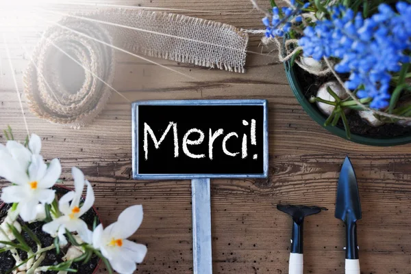 Sunny Spring Flowers, Sign, Merci Means Thank You — Stock Photo, Image