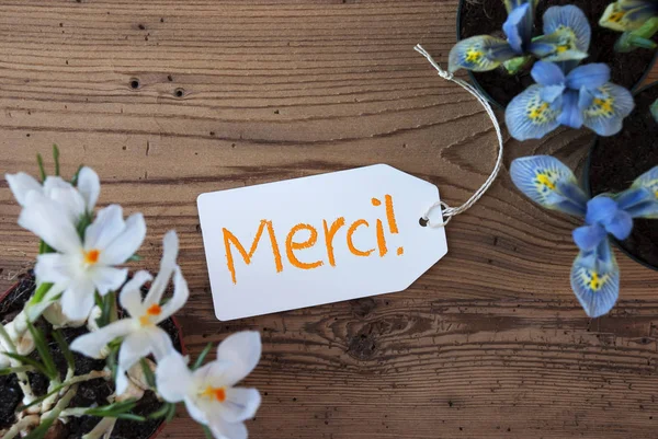 Flowers, Label, Merci Means Thank You — Stock Photo, Image