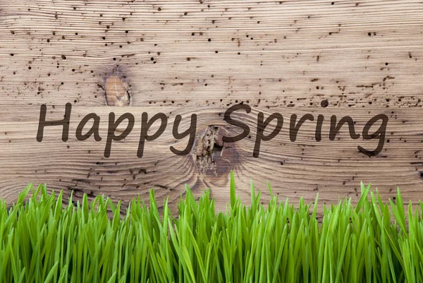 Ljusa trä bakgrund, Gras, Text glad våren — Stockfoto