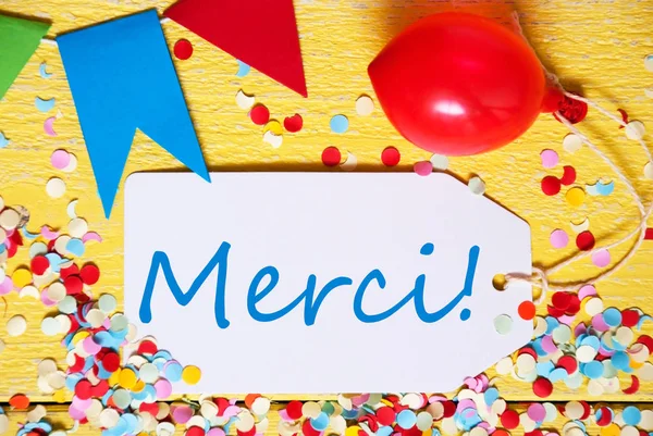 Party Label, Red Balloon, Merci Means Thank You — Stock Photo, Image