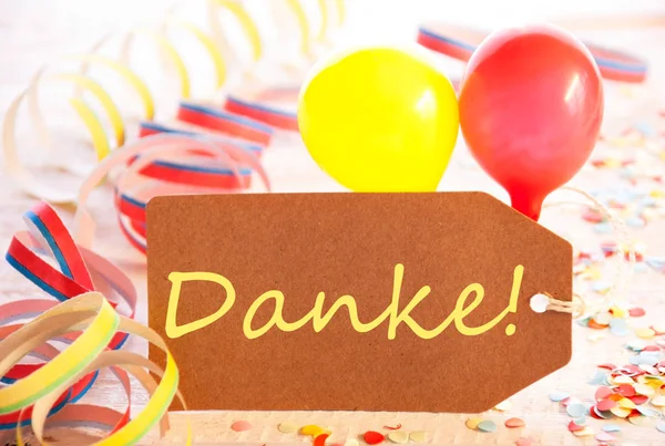 Etiqueta do partido, balão, Streamer, Danke significa obrigado — Fotografia de Stock