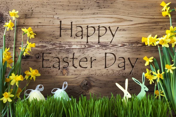 Decoratie, ei en Bunny, Gras, tekst Happy Easter dag — Stockfoto