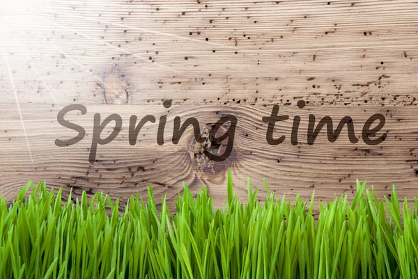 Bright Sunny Wooden Background, Gras, Text Springtime — Stock Photo, Image