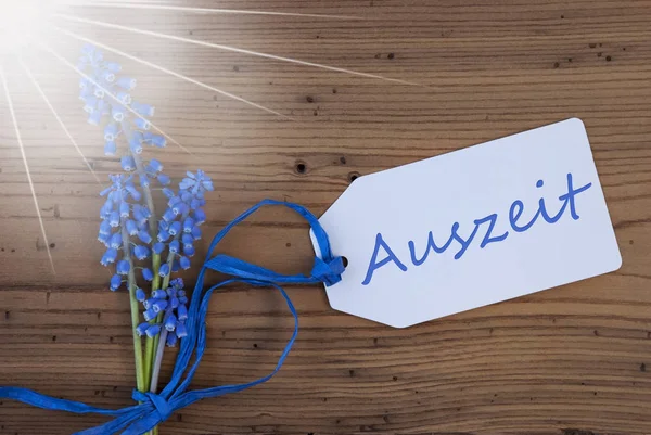 Sunny Srping Grape Hyacinth, Label, Auszeit Means Downtime — Stock Photo, Image