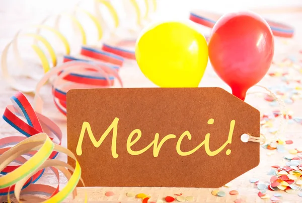 Party Label, Balloon, Streamer, Merci Means Thank You — Stock Photo, Image