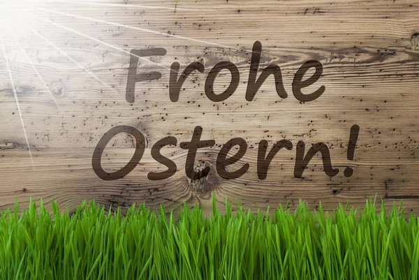 Sunny Wooden Background, Gras, Frohe Ostern Means Happy Easter — Stockfoto