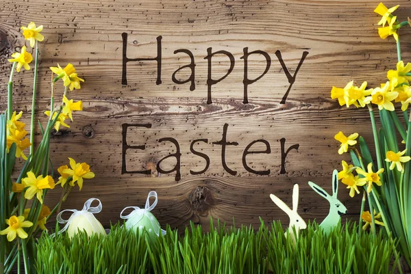 Dekoration, Ei und Hase, Gras, Text frohe Ostern — Stockfoto