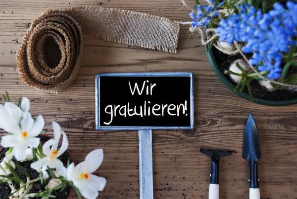 Våren blommor, Sign, Wir Gratulieren betyder Grattis — Stockfoto
