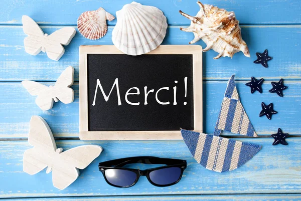 Blackboard With Maritime Decoration, Merci Means Thank You — Stock Photo, Image