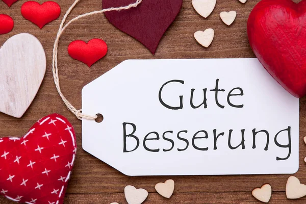 Label, Red Hearts, Flat Lay, Gute Besserung Means Get Well — Stock Photo, Image