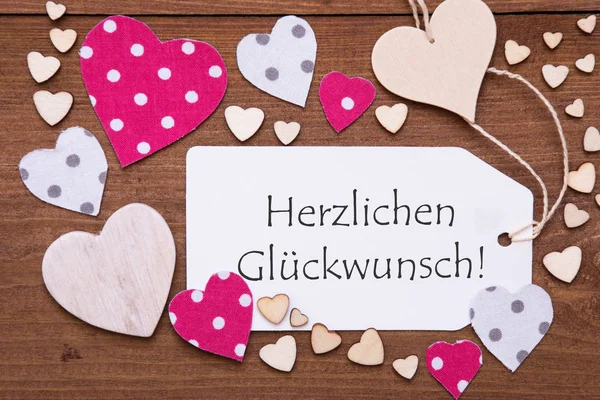 Etiqueta, Corações cor-de-rosa, Herzlichen Glueckwunsch Significa Parabéns — Fotografia de Stock
