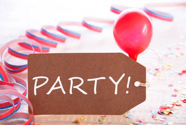 Party-Etikett mit Luftschlange, Luftballon, Textparty — Stockfoto