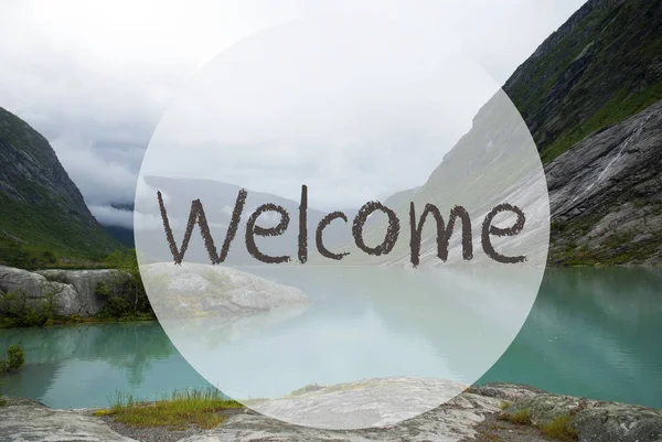 Lac Avec Montagnes, Norvège, Texte Bienvenue — Photo