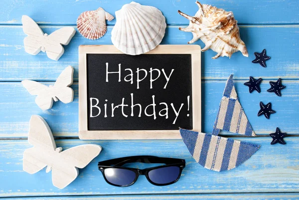 Tablica z morskich dekoracji i tekst Happy Birthday — Zdjęcie stockowe