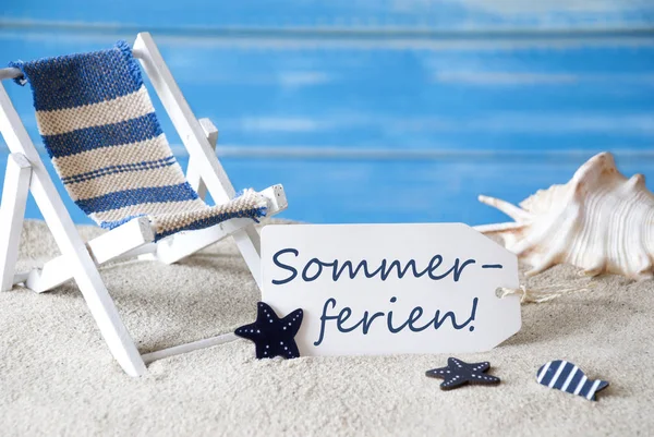 Label With Deck Chair, Sommerferien Means Summer Holidays — Stock Photo, Image