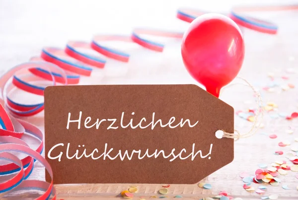 Party Label, Balloon, Herzlichen Glueckwunsch Means Congratulations — Stock Photo, Image