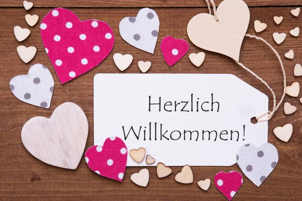 Label, Pink Hearts, Text Herzlich Willkommen Means Welcome — Zdjęcie stockowe