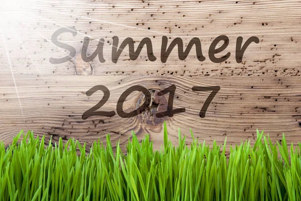 Bright Sunny Wooden Background, Gras, Text Summer 2017 — Stock Photo, Image