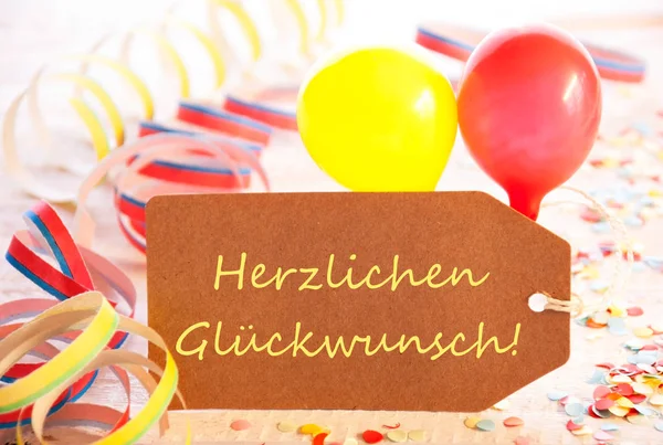 Party Label, Balloon, Streamer, Herzlichen Glueckwunsch Means Congratulations — Stockfoto