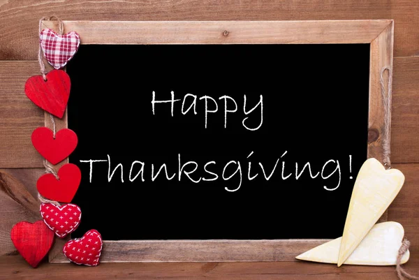 Chalkbord, Red and Yellow Hearts, Text Happy Thanksgiving — стоковое фото