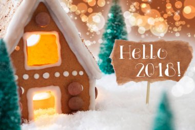Gingerbread House, bronz arka plan, metin Merhaba 2018